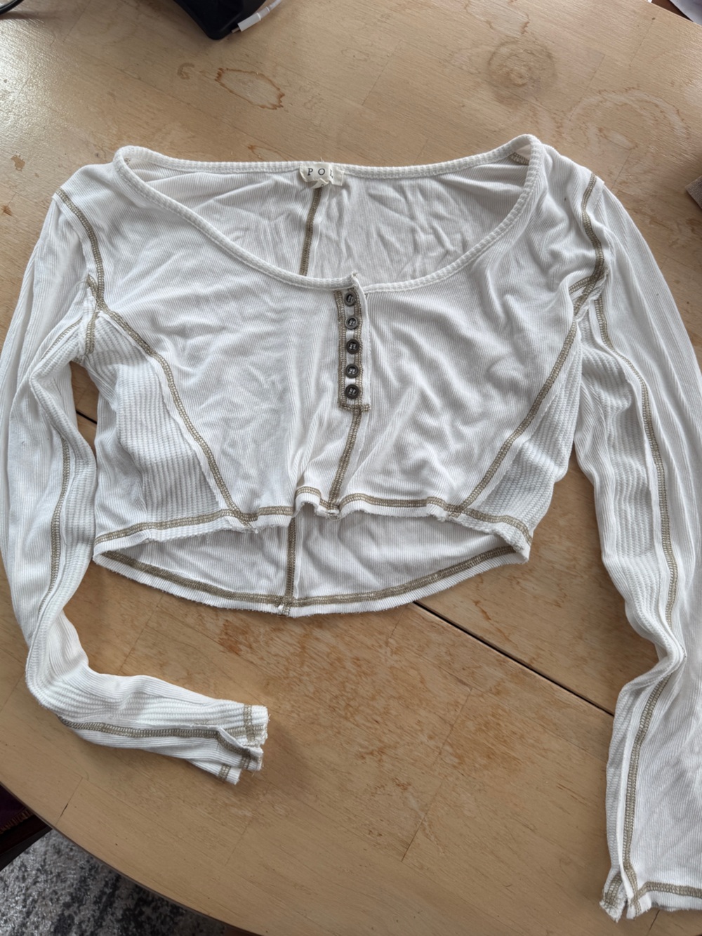 POL White Cropped Long-Sleeve Ribbed Henley Top with Contrast Stitching